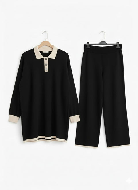 Big Dart Women's Black With Cream Color Polo Neck Knitted Set | Big Dart In Lebanon
