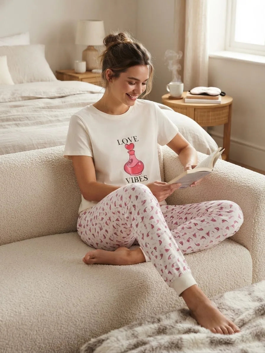 Sinsay Women's White & Pink Heart Patterned Pajama Set