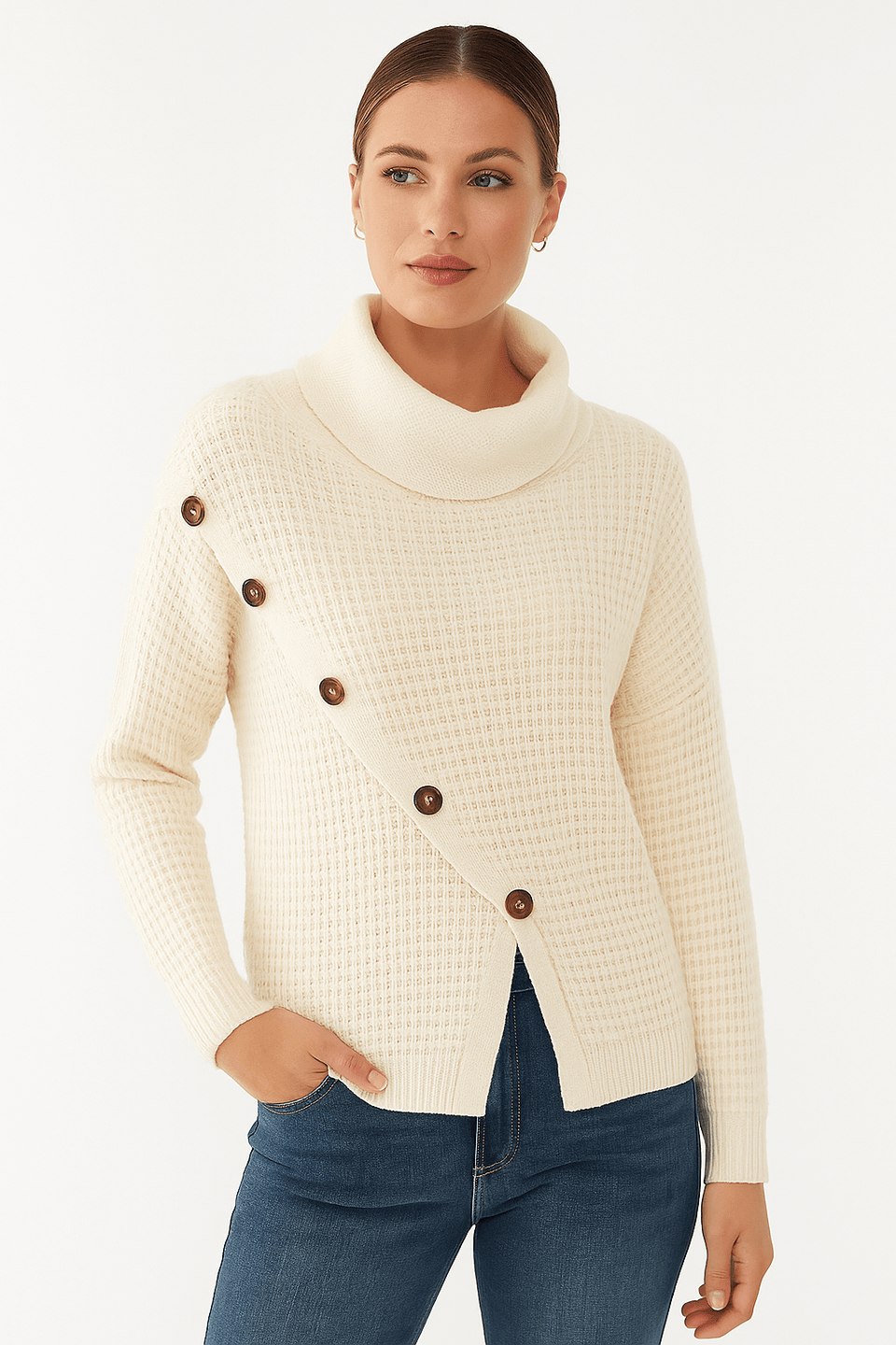 Venca Women's White Knitted Turtle Neck Sweater | Venca In Lebanon