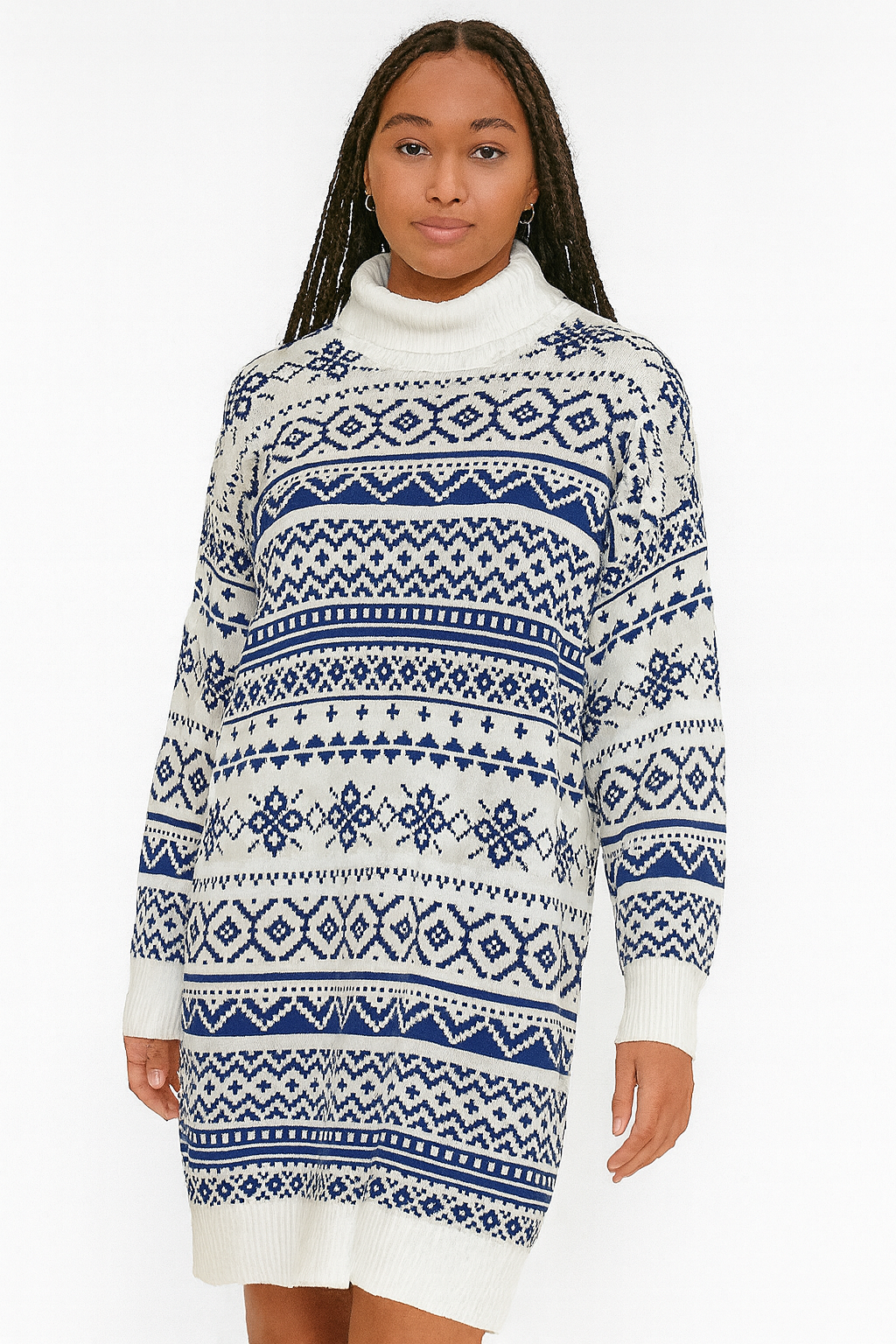 Forever 21 Women's White & Blue Turtle Neck Long Sleeve Dress | Forever 21 In Lebanon