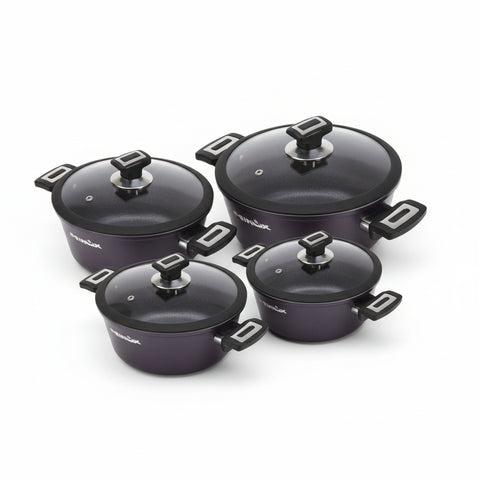 Cookware set packaging with pots and lids on a clear background