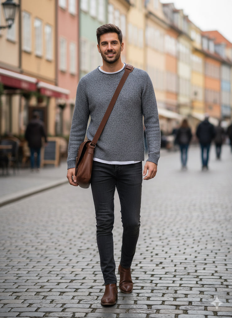 Manguun Men's Grey With White Stripe Detail Knit Sweater | Manguun In Lebanon