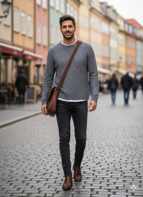 Manguun Men's Grey With White Stripe Detail Knit Sweater | Manguun In Lebanon