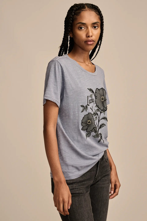Lucky Brand Women's Blue beaded lucky floral classic Crew T-shirt  |  Lucky Brand in Lebanon