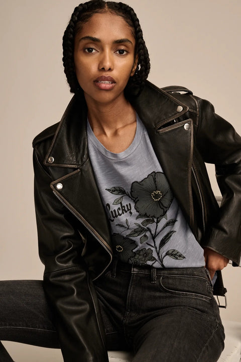 Lucky Brand Women's Blue beaded lucky floral classic Crew T-shirt  |  Lucky Brand in Lebanon