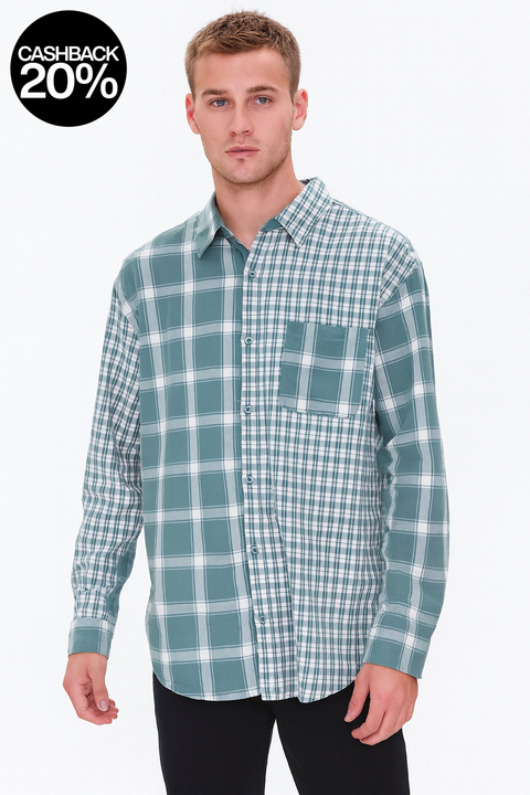 Forever 21 Men's White & Green Checkered Long Sleeve Shirt | Forever 21 In Lebanon
