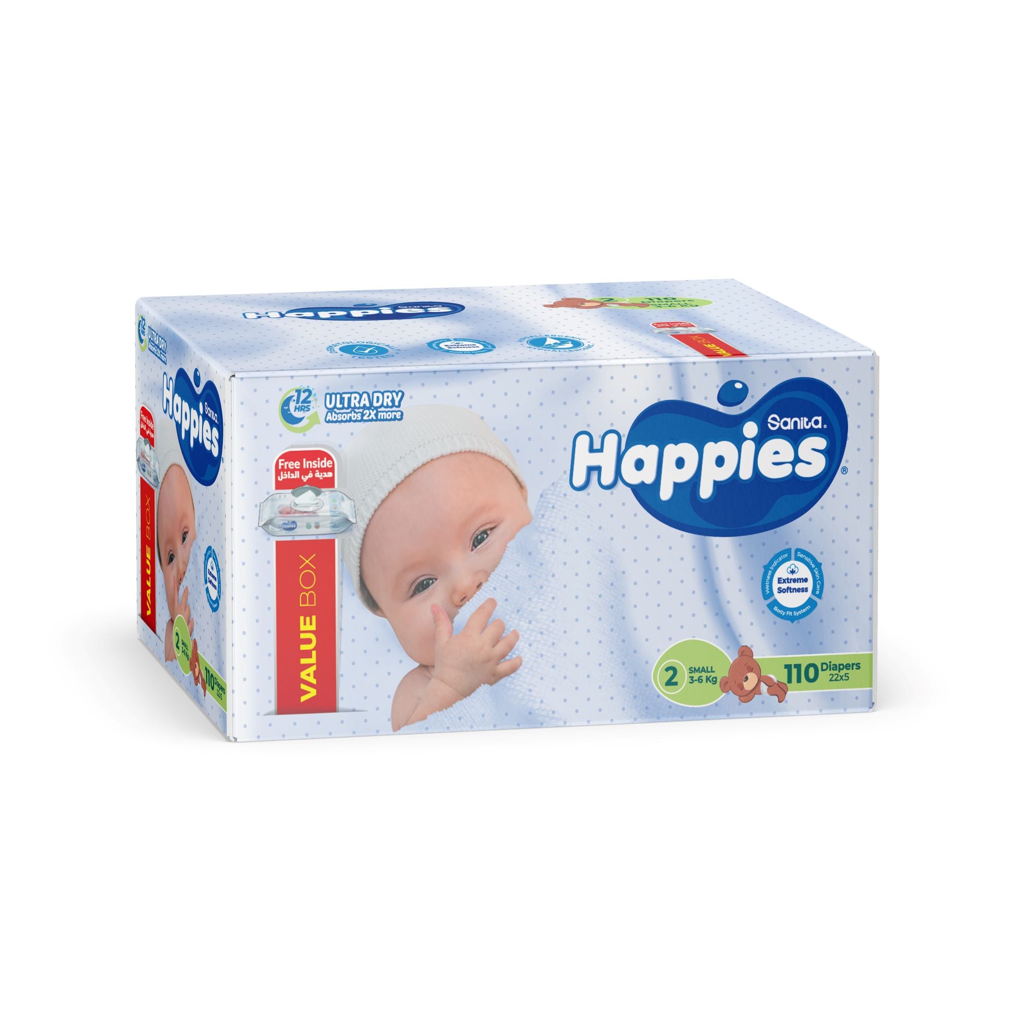 Happies Value Box Diapers Size 2 (36kg) 110 Diapers + Wet Wipes Free