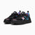 Black and red sneaker with a unique pattern on a white background