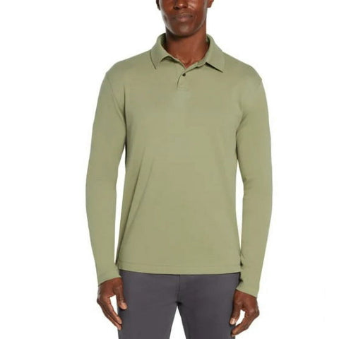Person wearing a green long-sleeve polo shirt on a white background