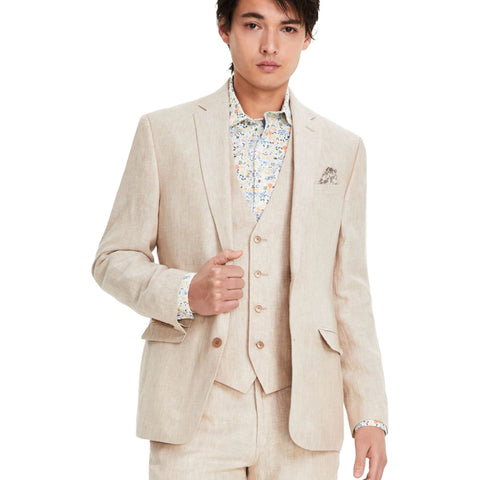 Man wearing a beige suit with a white background