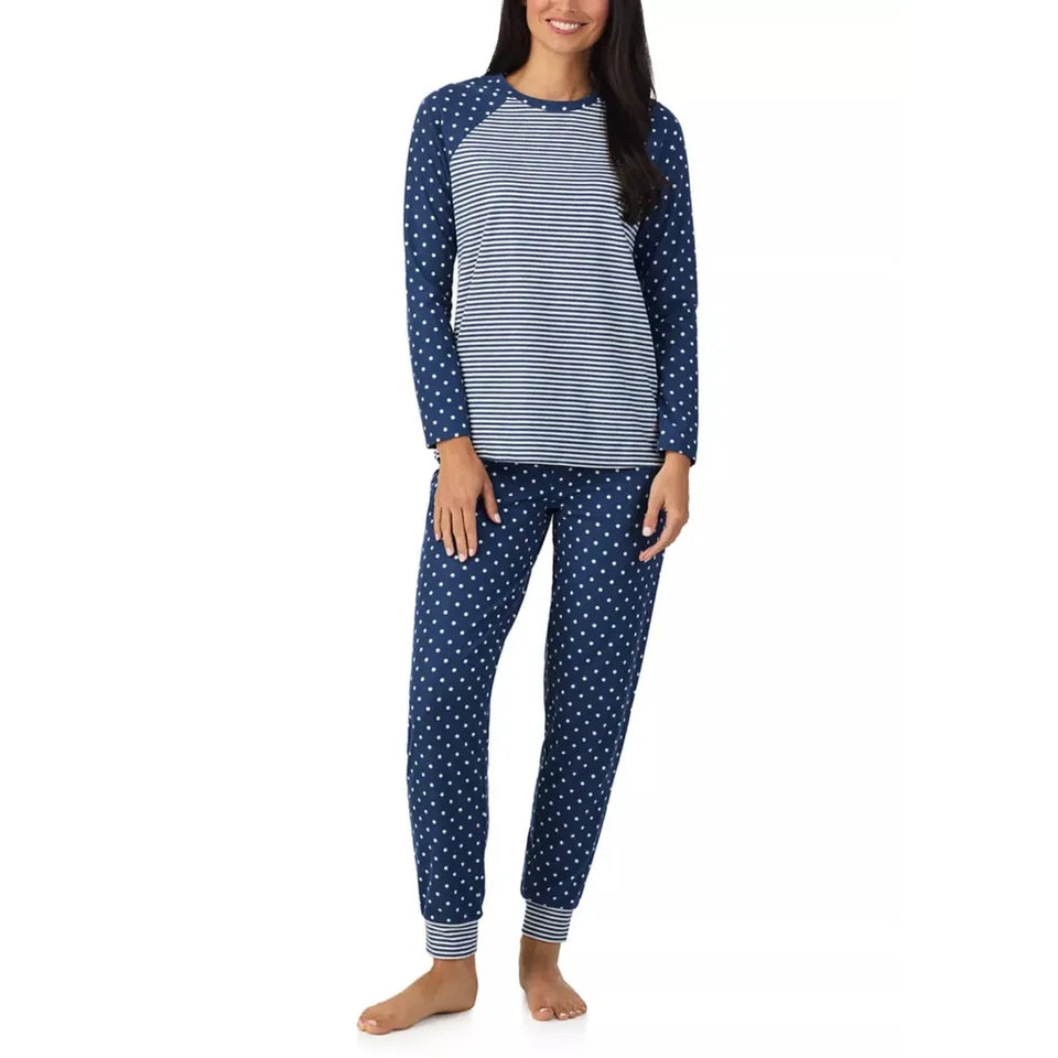 Cuddl Duds Women's White & Dark Blue Polka Dot Striped Pajama Set