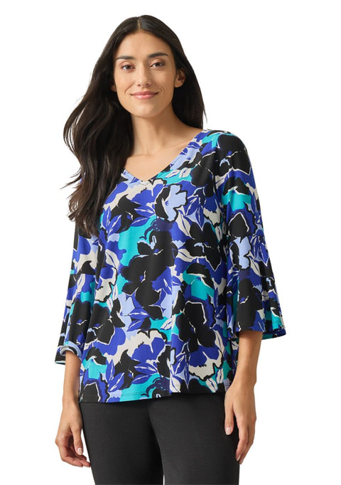 Kasper Women's Blue Multi V-Neck Floral Bell-Sleeve Blouse | Kasper In Lebanon