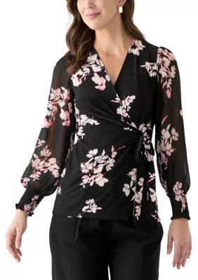 Anne Klein Women's Black Floral Long Sleeve Printed Mixed Media Blouse | Anne Klein In Lebanon