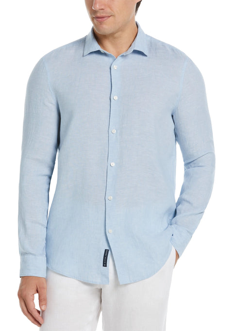 Perry Ellis Men's Light Blue Long Sleeve Solid Linen Woven Button Down Shirt | Perry Ellis In Lebanon