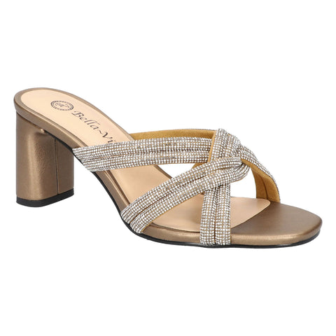 Gold sandal with rhinestone straps on a white background