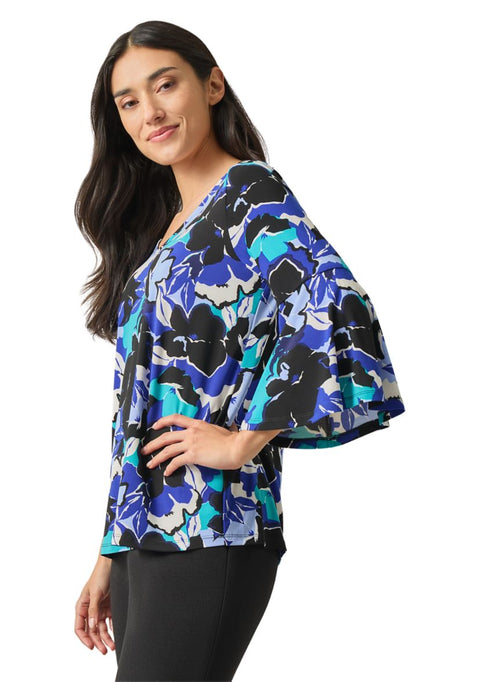 Kasper Women's Blue Multi V-Neck Floral Bell-Sleeve Blouse | Kasper In Lebanon