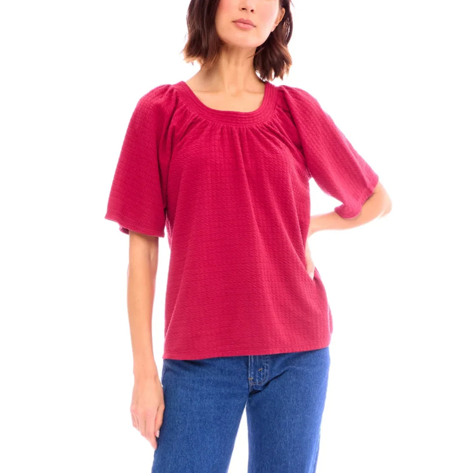 Bobeau Women's Fuchsia Flutter Sleeve Relaxed Fit Textured Top Blouse