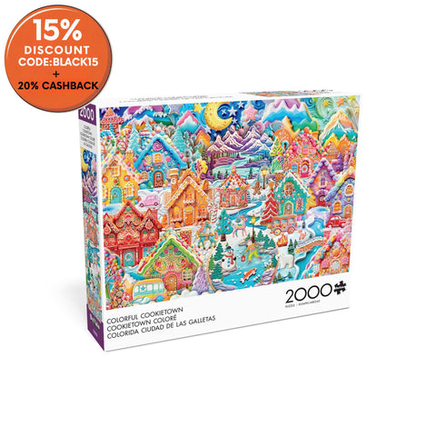 Jigsaw puzzle box with a colorful depiction of a gingerbread village on a white background