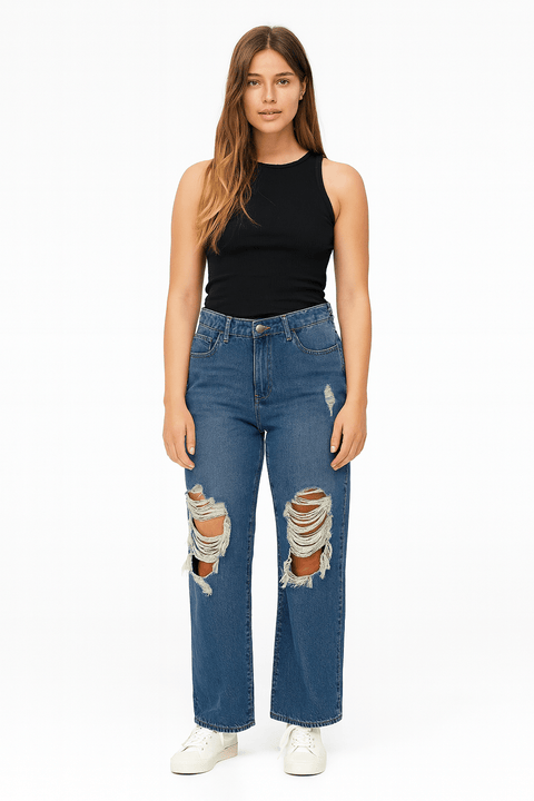Forever 21 Women's Blue Wide Leg Ripped Jeans | Forever 21 In Lebanon
