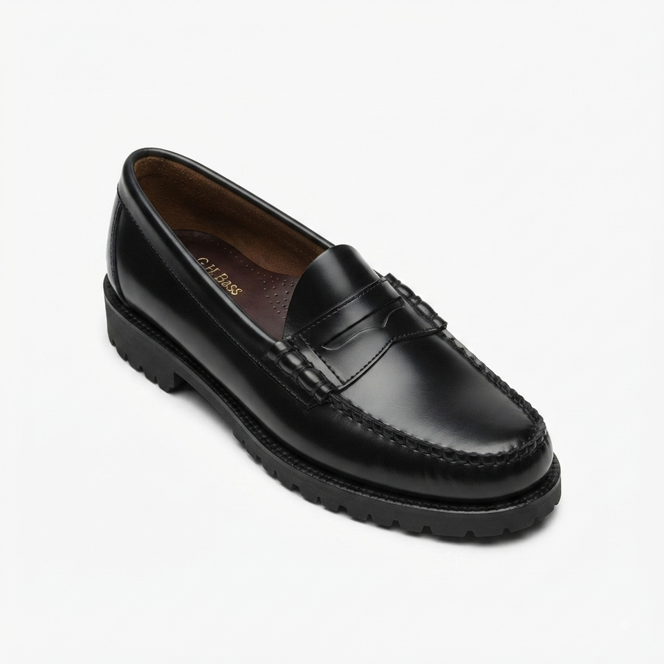 G.H.BASS Men's Black Leather Larson Lug Penny Loafers