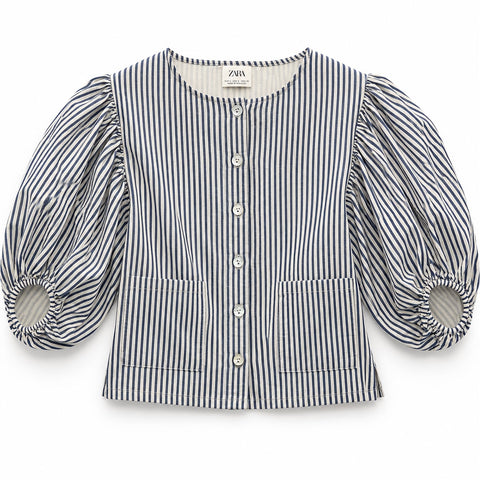 Zara Girl's White & Navy Striped Puff Sleeves Shirt | Zara In Lebanon