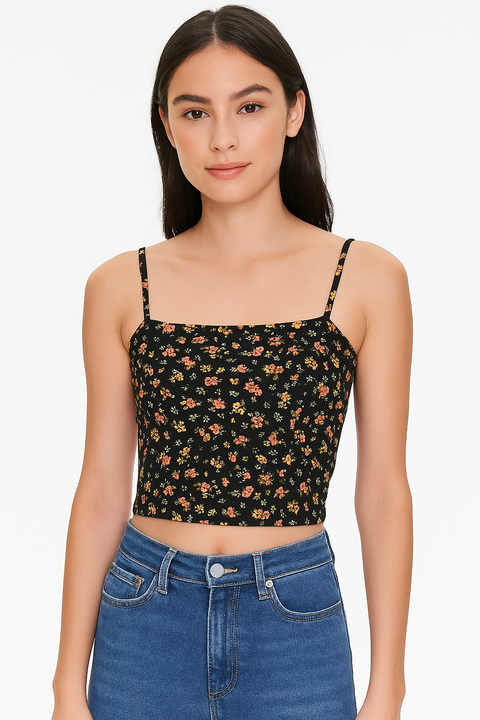 Forever 21 Women's Black Floral Square Neck Sleeveless Crop Top | Forever 21 In Lebanon