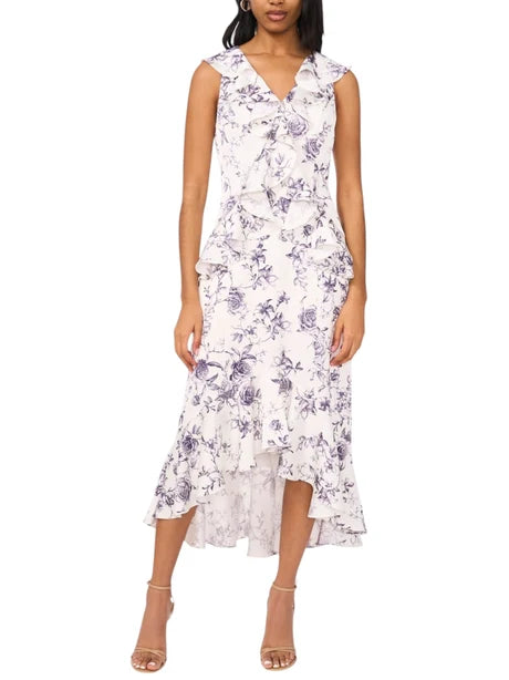 CeCe Women's White & Purple Floral Printed Dress