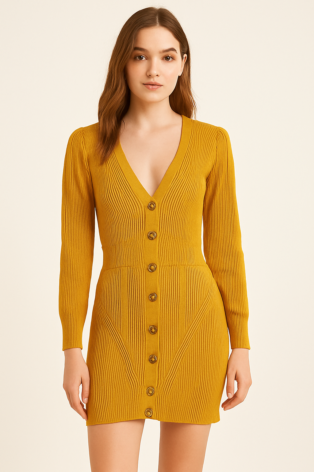 Forever 21 Women's Gold V Neck Knitted Dress | Forever 21 In Lebanon