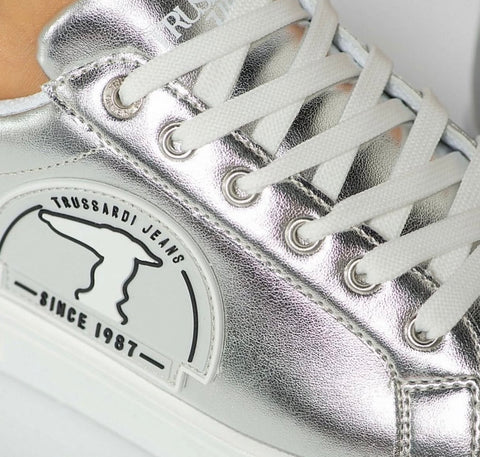 Trussardi Women's Silver Grey Rubber Patch Sneakers |Trussardi Jeans In Lebanon