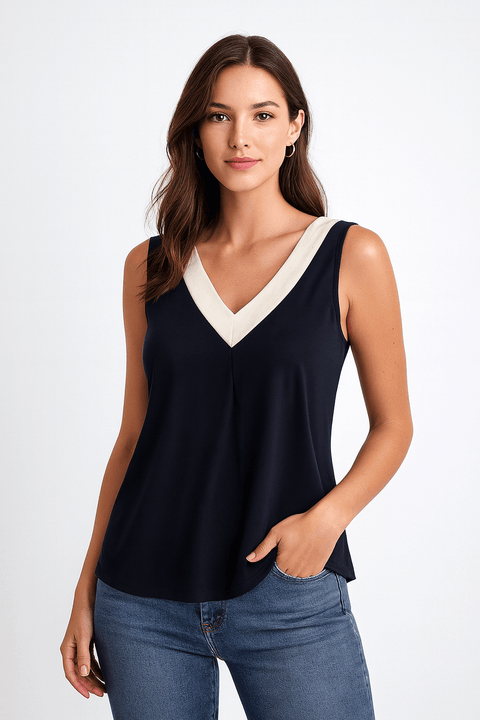 Zabaione Women's Navy Sleeveless V Neck Blouse | Zabaione In Lebanon
