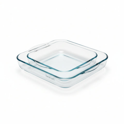 Glass baking dish with 'borosilicate' label on a white background