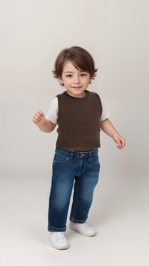 POMPdeLUX Baby Boy's Khaki Knited Round Neck Vest | POMPdeLUX In Lebanon