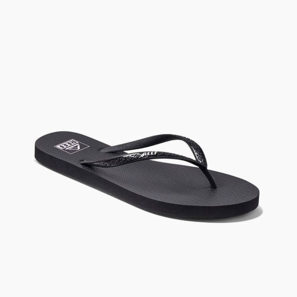 Black sandal with a brand logo on a white background