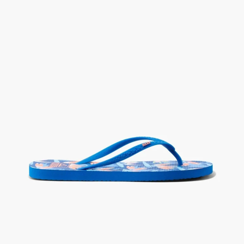 Blue flip-flop sandal with floral pattern on a white background