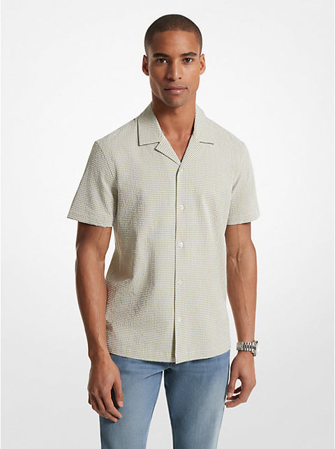 Michael Kors Men's Light Green & White Gingham Seersucker Stretch Cotton Short-Sleeve Shirt | Michael Kors In Lebanon