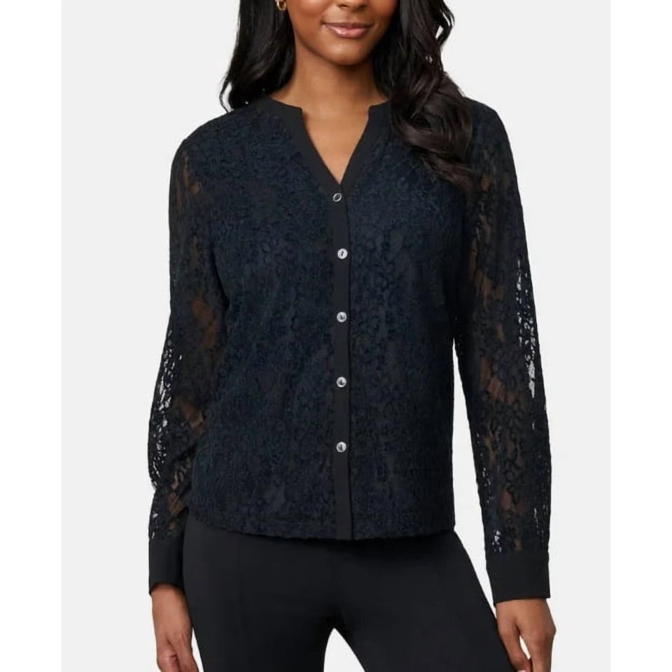 Cable & Gauge Button Black Front Long Sleeve Lace Blouse