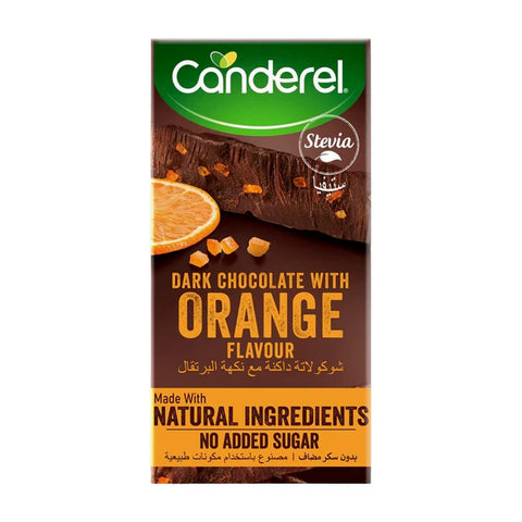 Canderel dark chocolate with orange flavor packaging on a white background