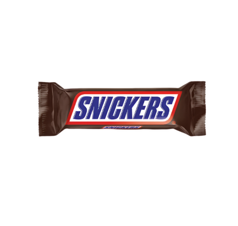A single Snickers chocolate bar packaging with brand name displayed against a white background.