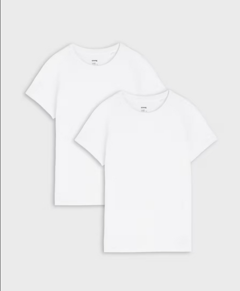 Two white, round neck, short sleeve t-shirts laid out flat.