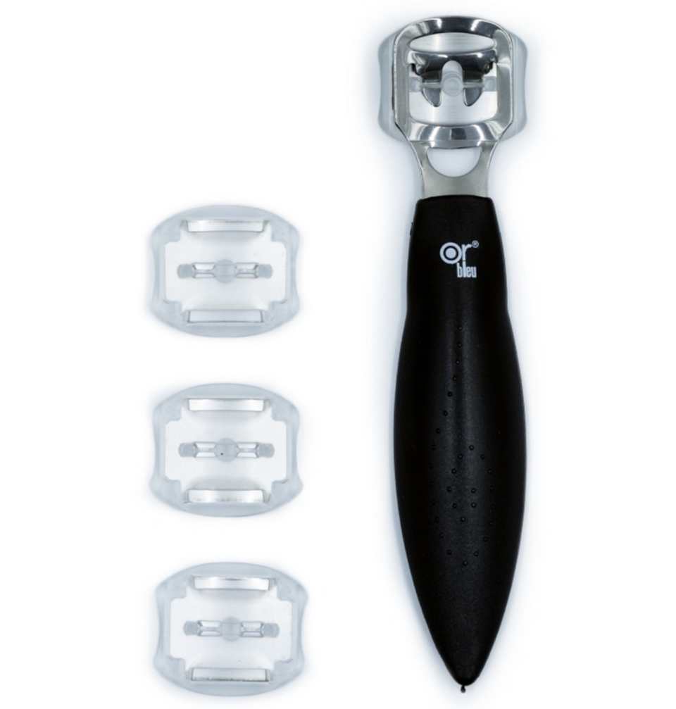 A black-handled OR Bleu corn plane with safe blades, accompanied by several clear blade holders.
