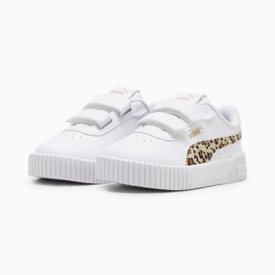 A pair of white Puma sneakers with double hook-and-loop straps, featuring a leopard-print side stripe and a chunky white sole, set against a plain white background.