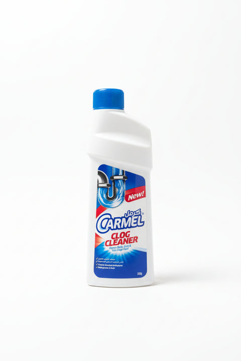 Carmel drain cleaner bottle on a speckled countertop