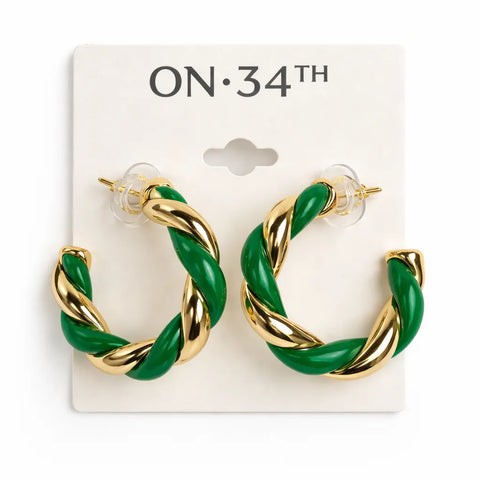 On 34th Women's Gold & Green Tone Striped Medium Hoop Earrings | On 34th in Lebanon