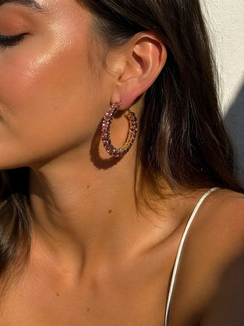 ON 34th Women's Pink & Gold Crystal Station Medium Hoop Earrings | ON 34th In Lebanon