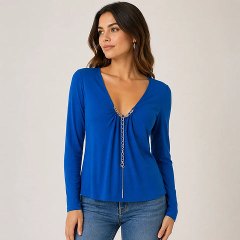 Michael Kors Women Royal Blue Chain-Link V-Neck Blouse | Michael Kors in Lebanon