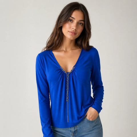 Michael Kors Women Royal Blue Chain-Link V-Neck Blouse | Michael Kors in Lebanon