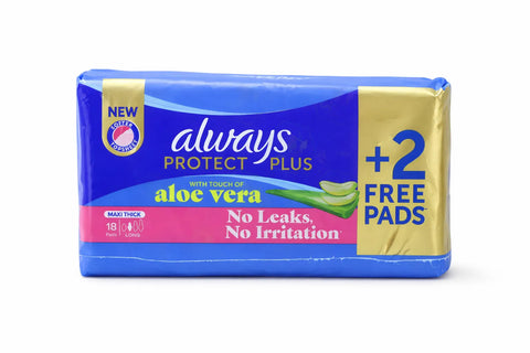 Always Protect Plus With Touch Of Aloe Vera Maxi Thick Long 18 Pads + 2 Free | Always In Lebanon