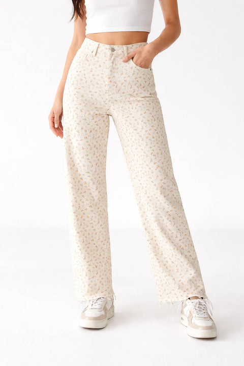 Stradivarius Women's Beige High-Rise Straight-Leg Floral Pants|Stradivarius In Lebanon