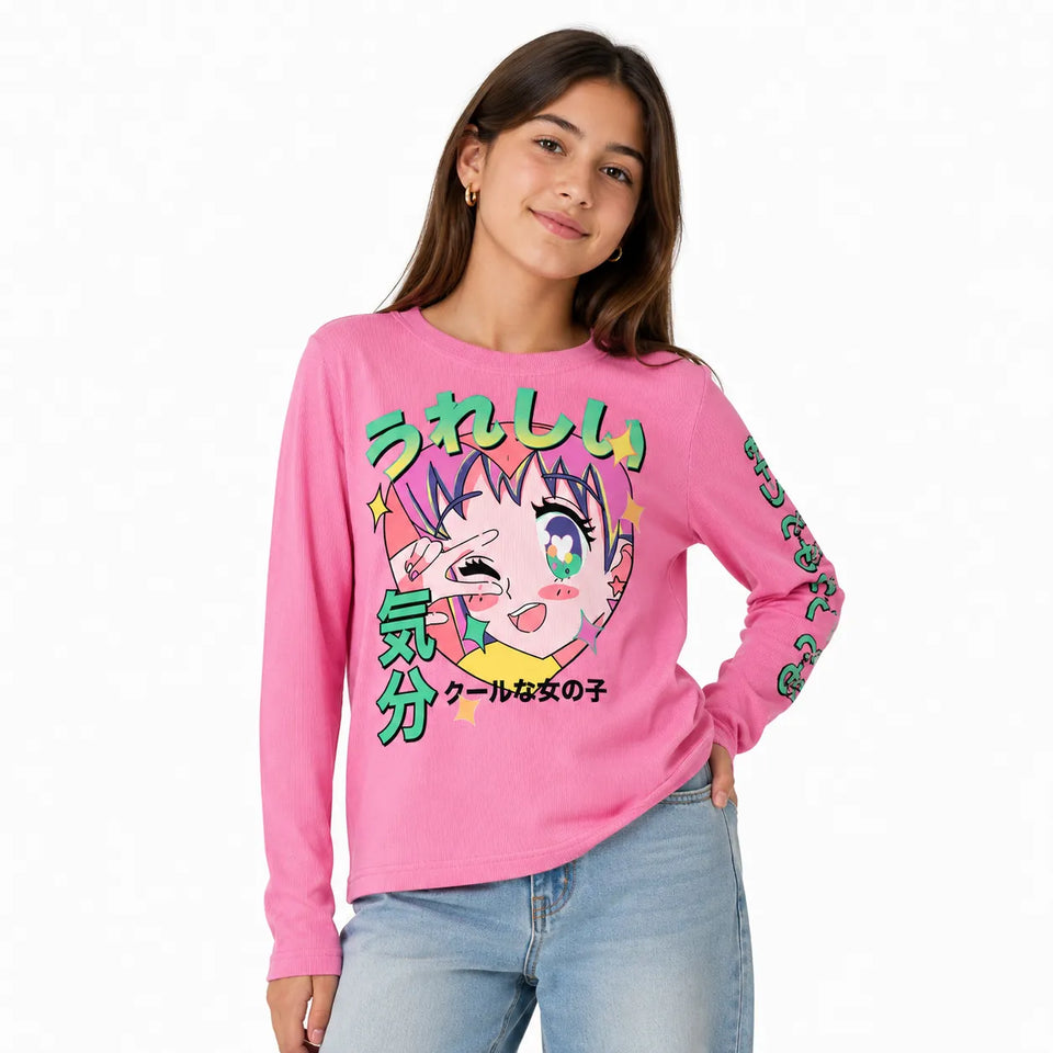 Zara Girl's Pink With Anime CharacterPrintedLong Sleeve Blouse |Zara In Lebanon