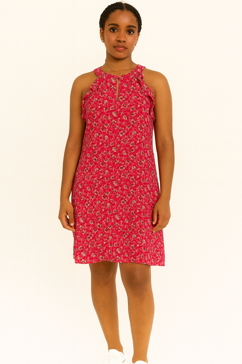 Mango Women's Fuchsia Floral Printed Sleeveless Ruffle Dress | Mango In Lebanon